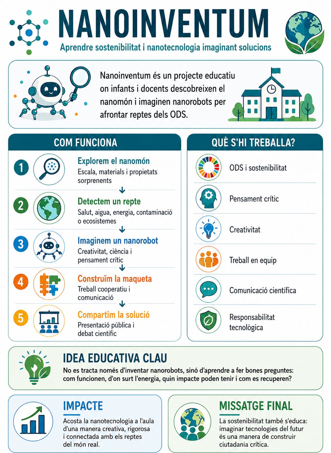 NanoInventum, step by step. Explore the nanoworld, identify an SDG challenge, imagine a nanorobot, build a model and share the proposal. The process develops creativity, critical thinking, teamwork and communication. Questions about energy, impact and recovery are part of the challenge.